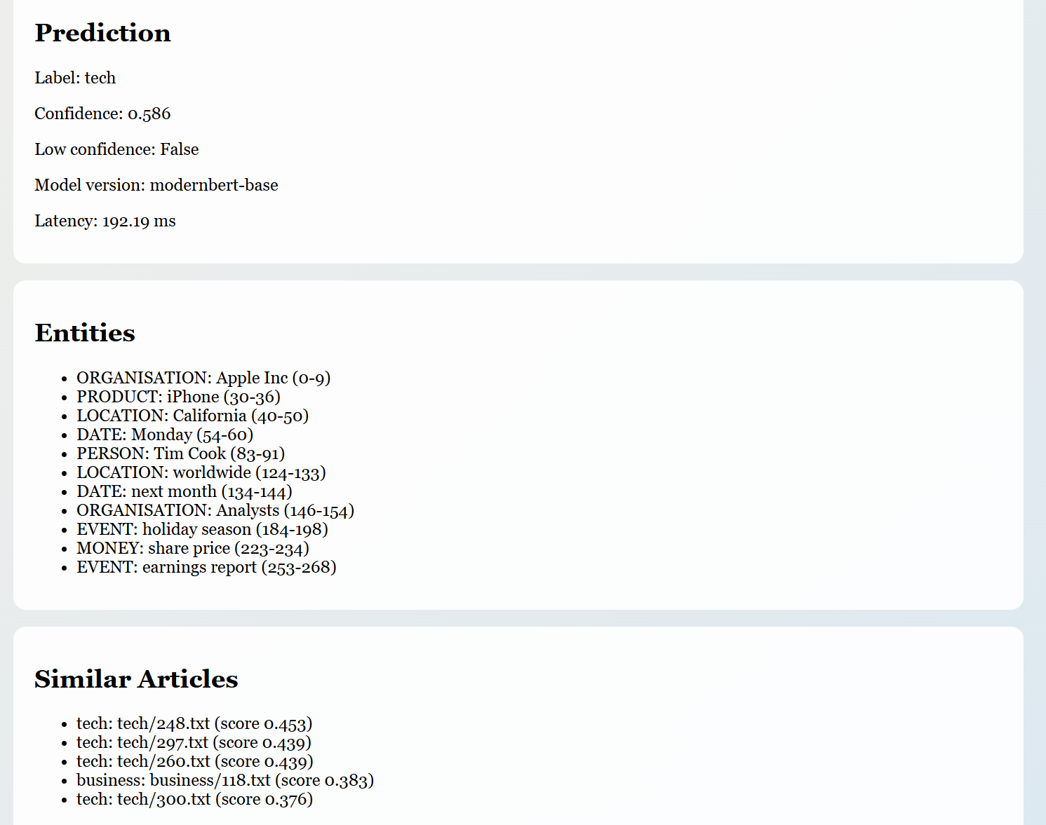 BBC News NLP Intelligence Platform showing classification, entity extraction, and similar-article results