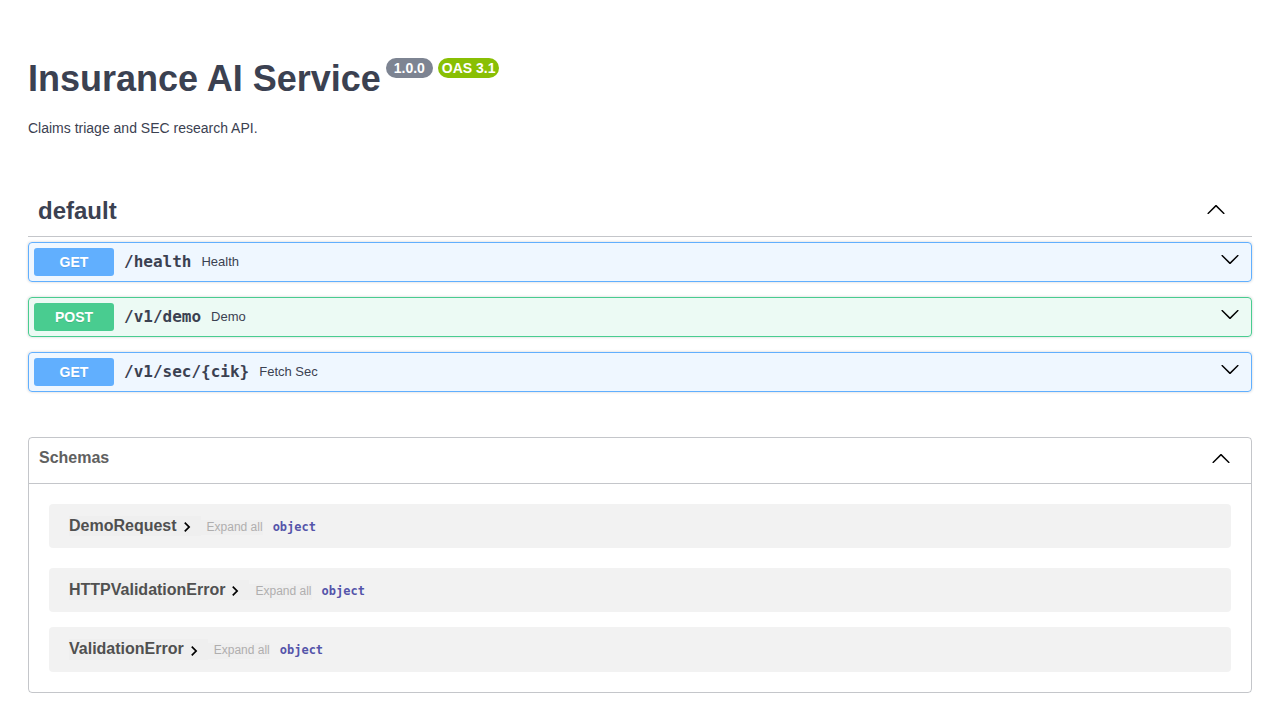 Insurance AI Service Swagger API docs from the Building Agents portfolio