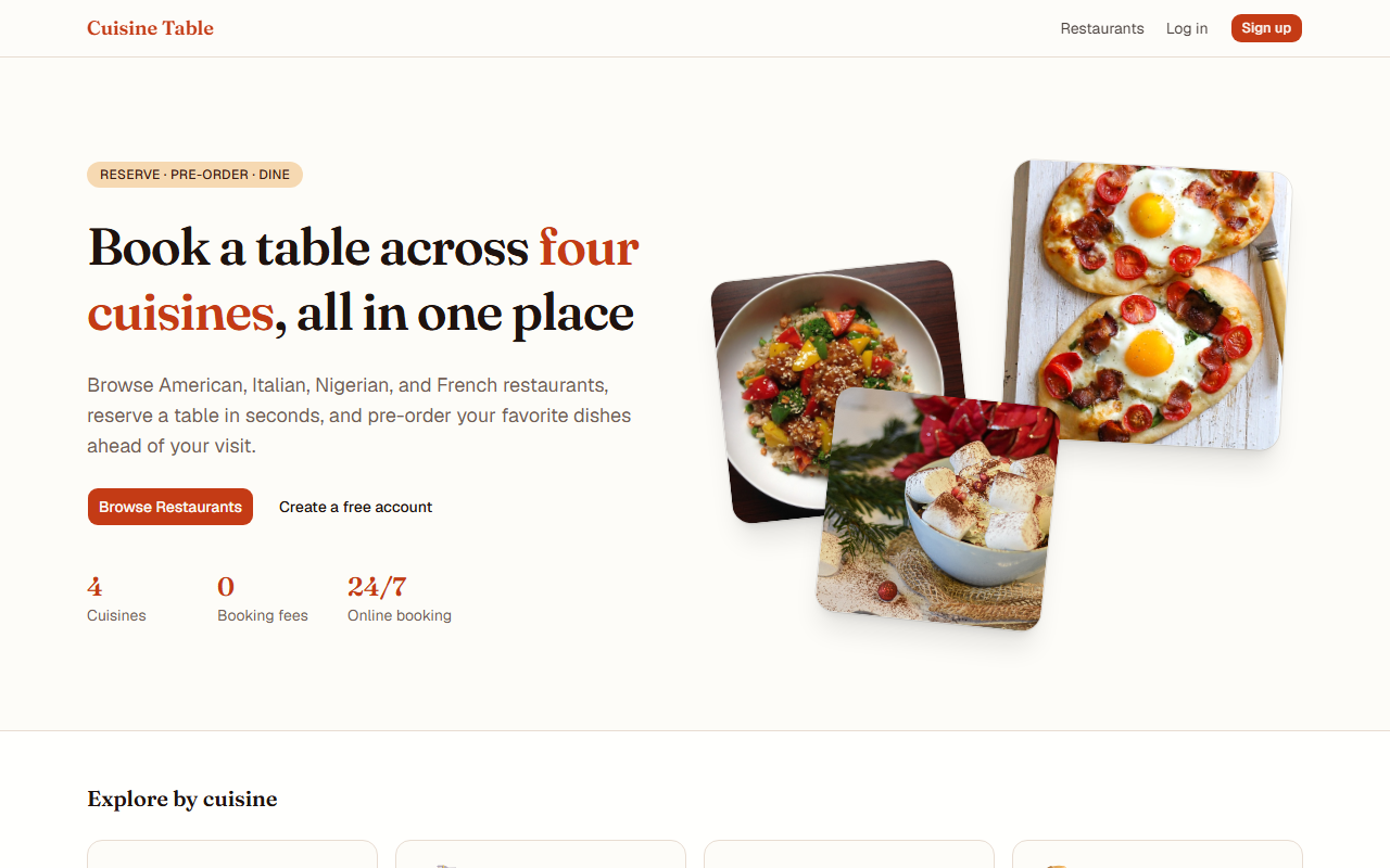 Cuisine Table restaurant booking platform home page